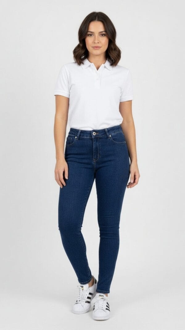 Frau trägt klassische blaue Slim Fit Jeans für Damen