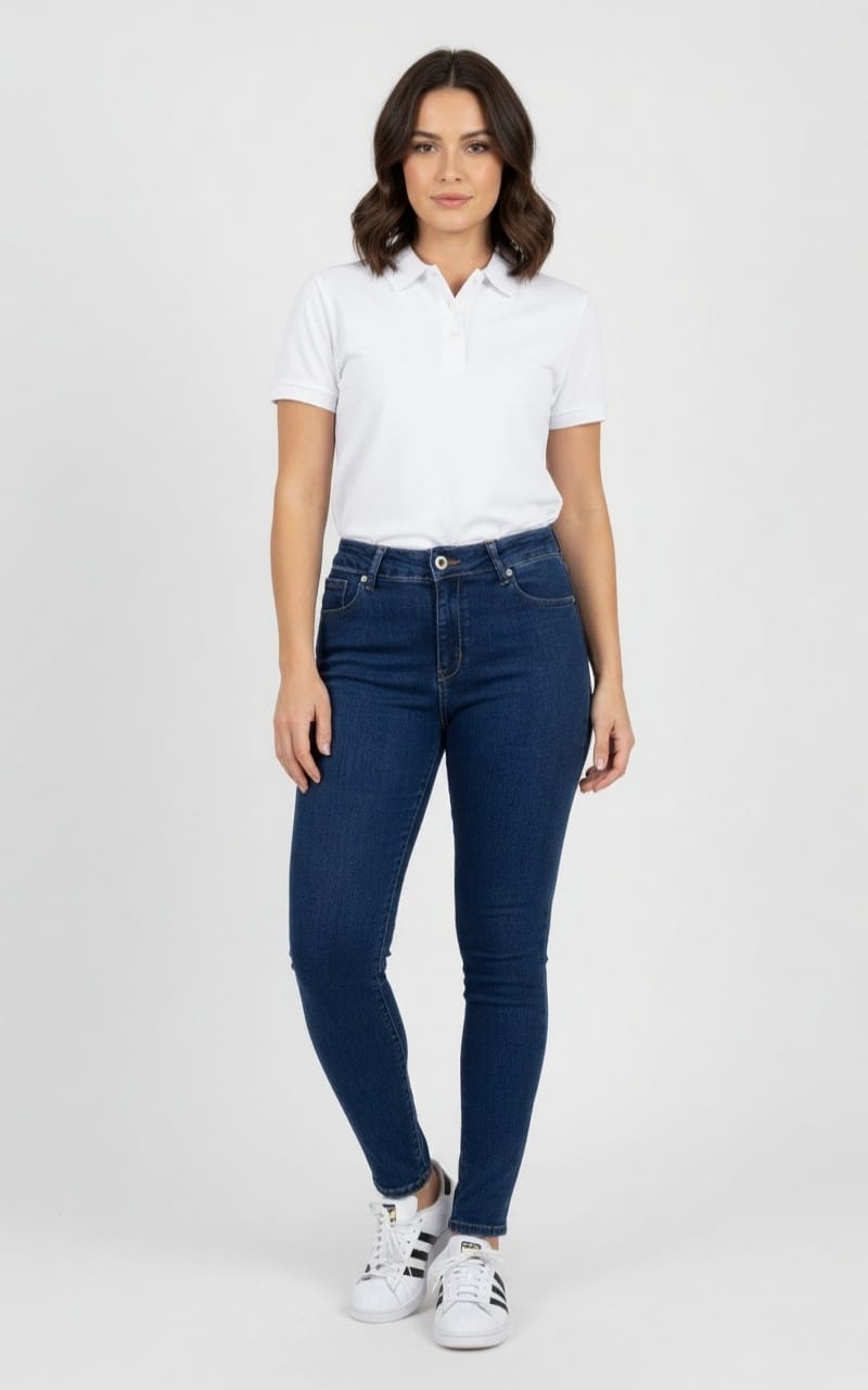 Frau trägt klassische blaue Slim Fit Jeans für Damen