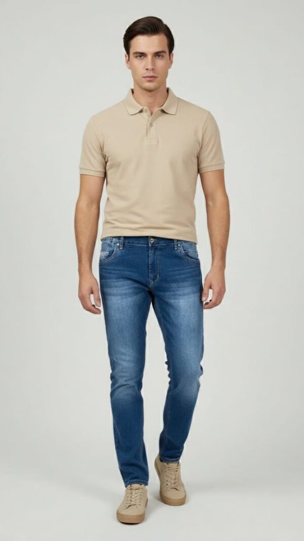 Mann trägt moderne mittelblaue Slim Fit Herrenjeans