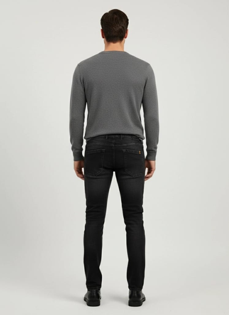 Muški model nosi crne slim fit farmerke marke Elit- pogled pozadi.