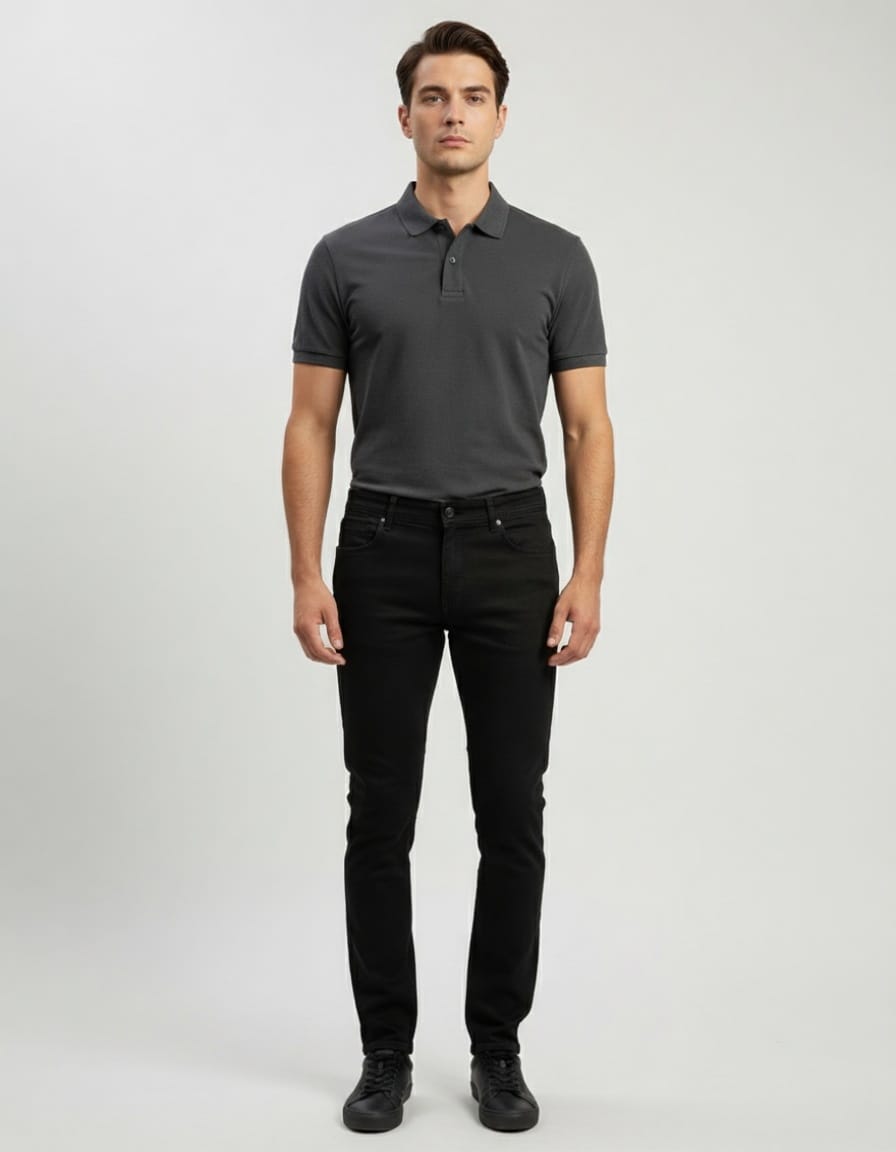 Mann trägt elegante schwarze Slim Fit Herrenjeans