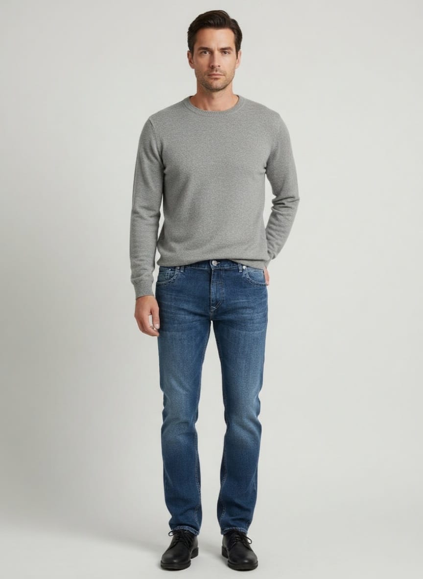 Mann trägt klassische Regular Fit Herrenjeans aus 100% Baumwolle