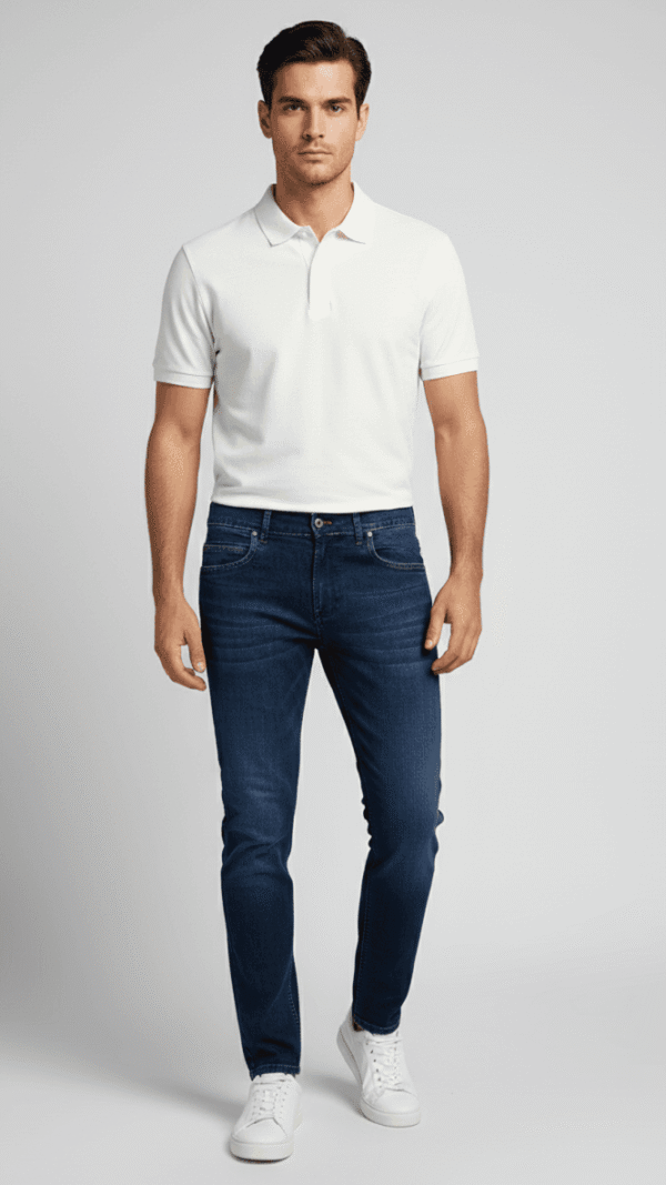 Mann trägt bequeme blaue Regular Fit Herrenjeans