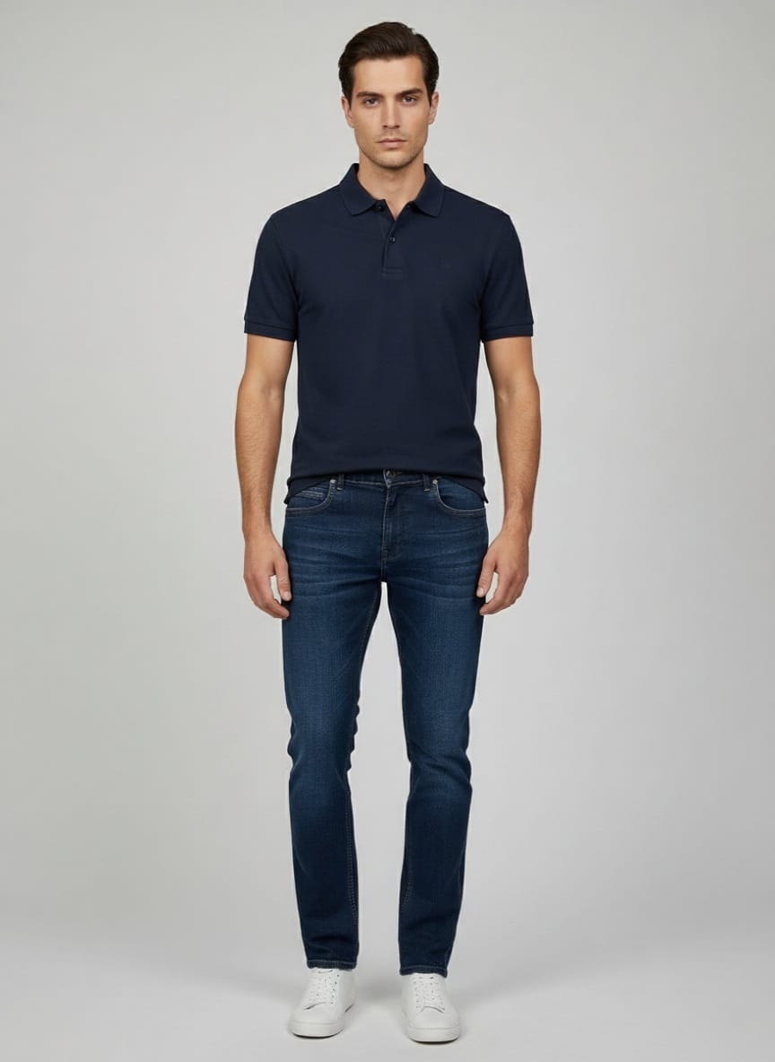 Großer Mann trägt klassische dunkelblaue extra lange Herrenjeans