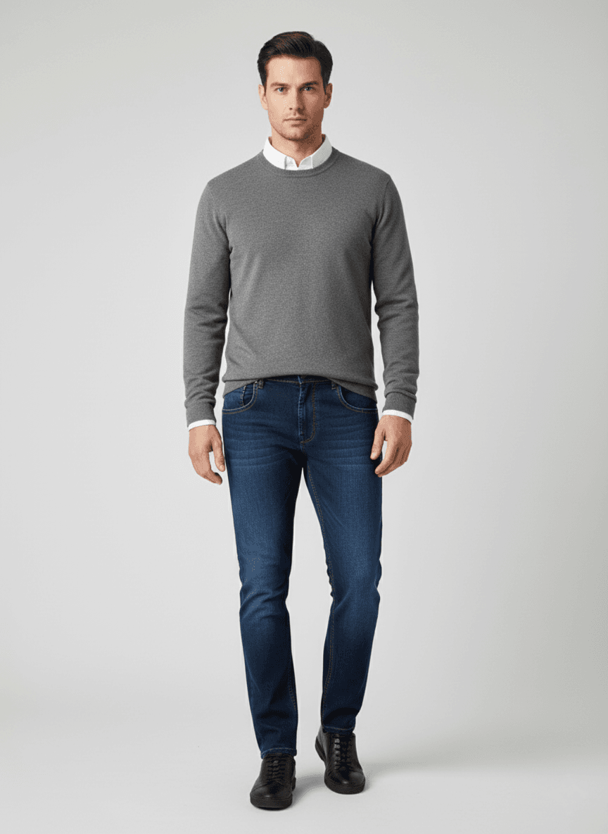 Mann trägt dunkelblaue ELIT Regular Fit Herrenjeans