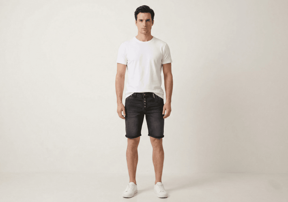 Mann trägt lässige schwarze Denim-Shorts für Herren