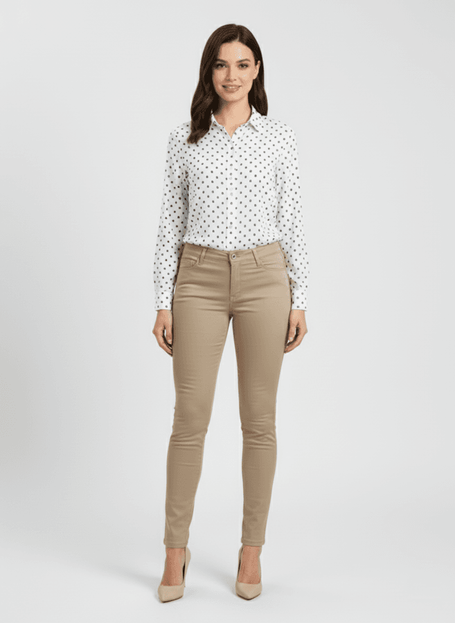 Frau trägt elegante beige Damenhose