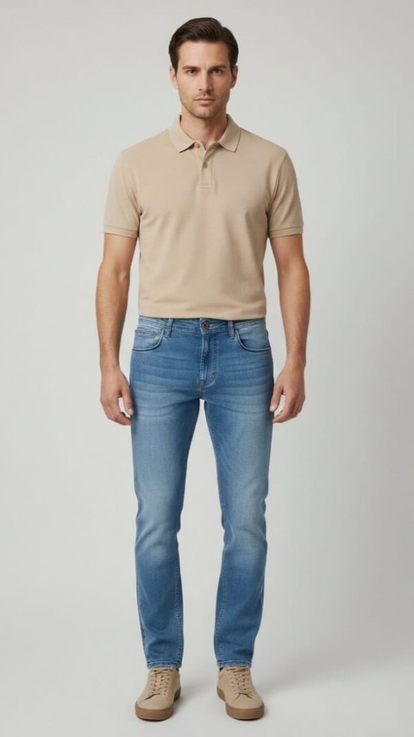 Mann trägt moderne hellblaue Slim Fit Herrenjeans