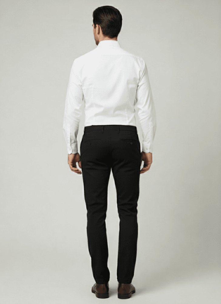 Pozadina: Muškarac nosi elegantne muške pantalone sa teksturom, regular fit, crne boje, sa belom košuljom.