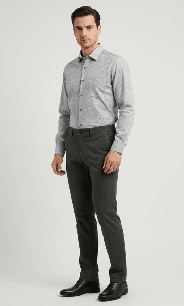 Muški model u sivim jesenjim keper pantalonama regular fit kroja. Pantalone su elegantne i udobne, idealne za svakodnevno nošenje. 203-2.png