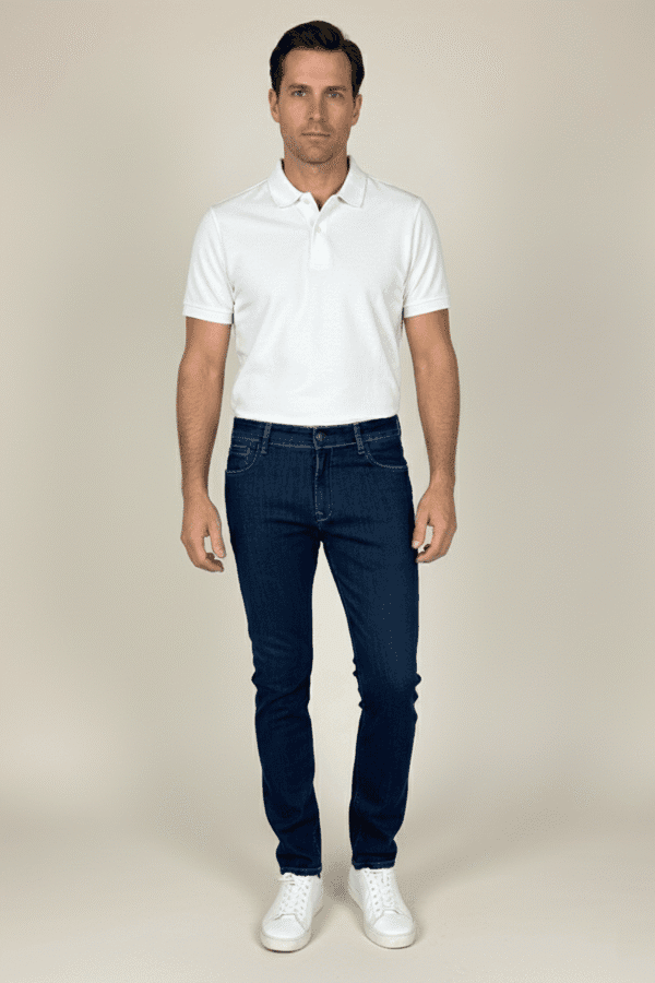 Mann trägt bequeme Slim Fit Herrenjeans mit Stretch