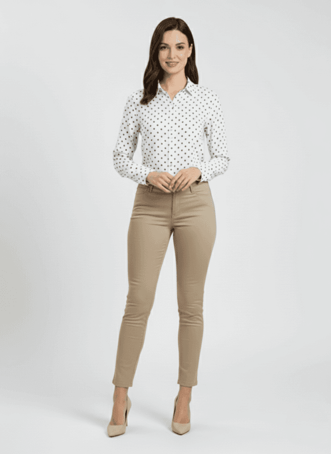 Frau trägt elegante beige 7/8-Damenhose
