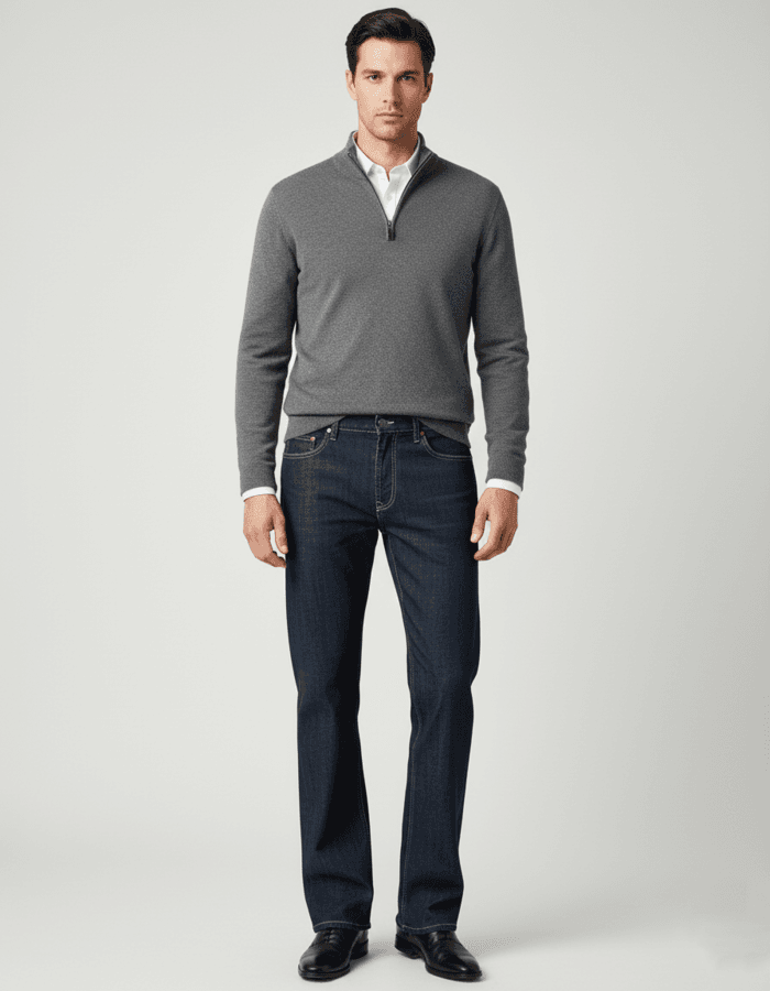 Großer Mann trägt klassische Straight Fit Herrenjeans in Länge 36