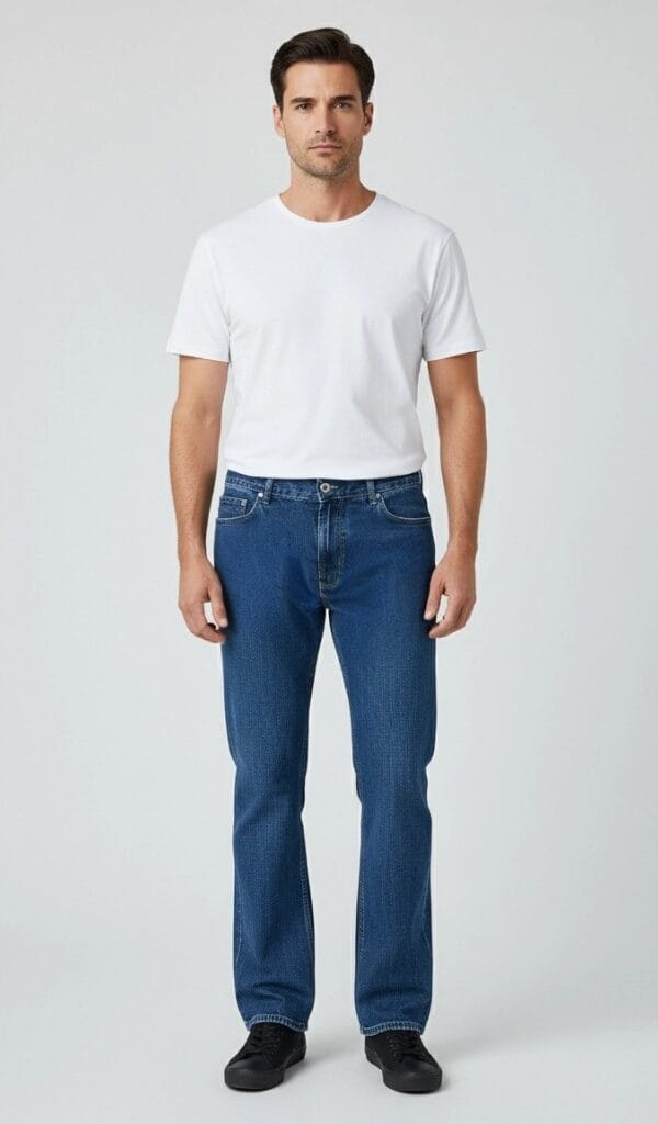 Mann trägt robuste klassische Herrenjeans aus 100 % Baumwolle