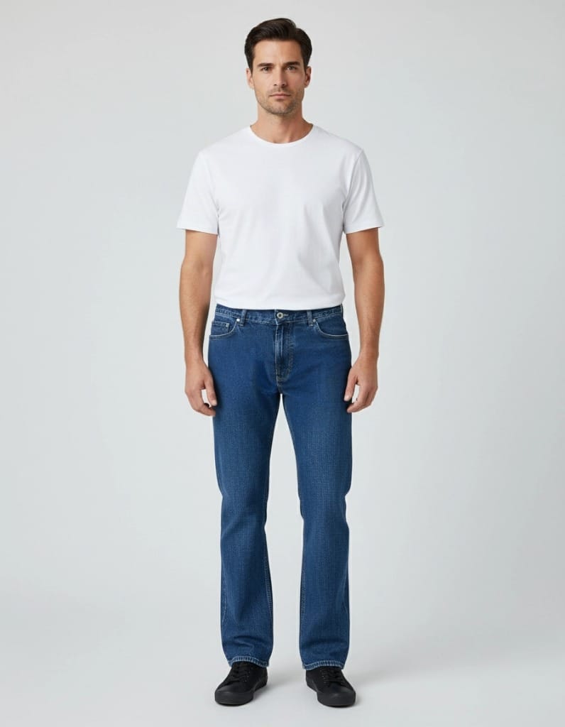 Mann trägt robuste klassische Herrenjeans aus 100 % Baumwolle