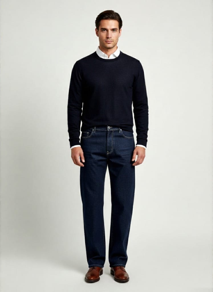Mann trägt klassische Basic Herrenjeans mit weitem Bein