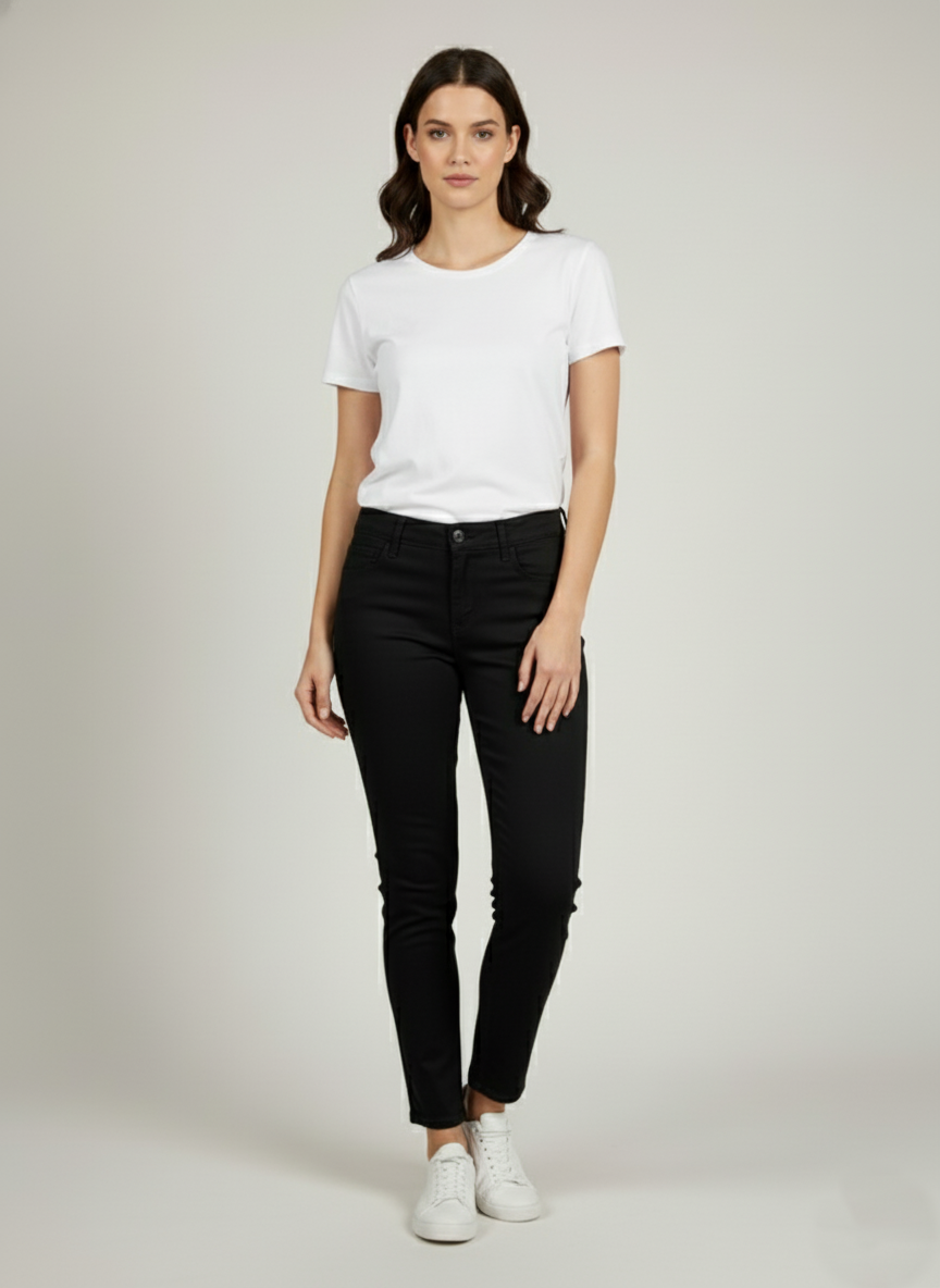 Elegante schwarze 7/8-Damenhose Frau trägt elegante schwarze 7/8-Damenhose