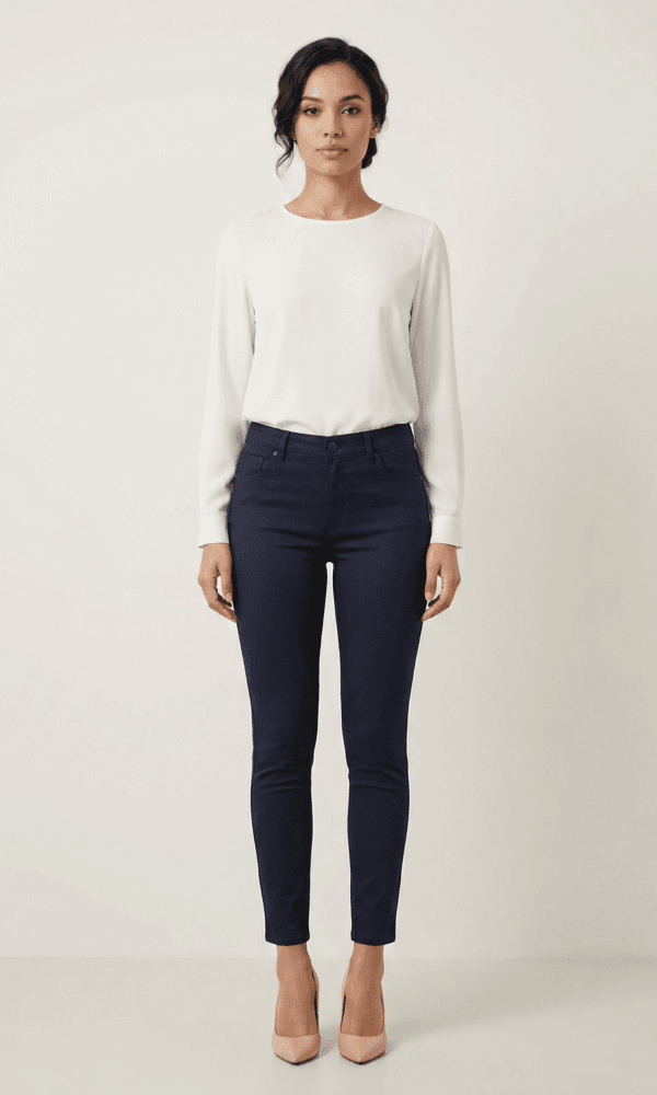 Elegante marineblaue 7/8-Damenhose Frau trägt elegante marineblaue 7/8-Damenhose