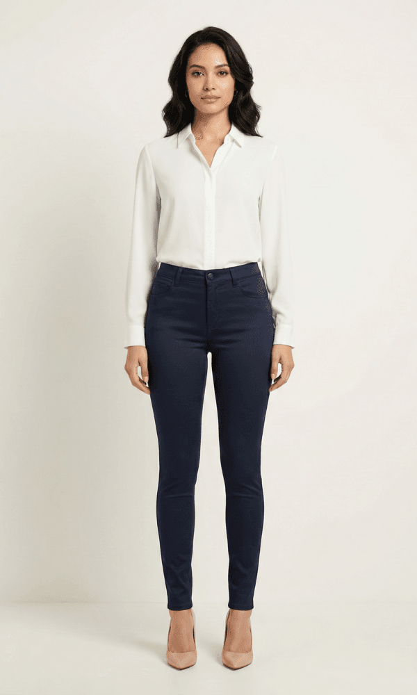 Elegante marineblaue Damenhose Frau trägt elegante marineblaue Damenhose