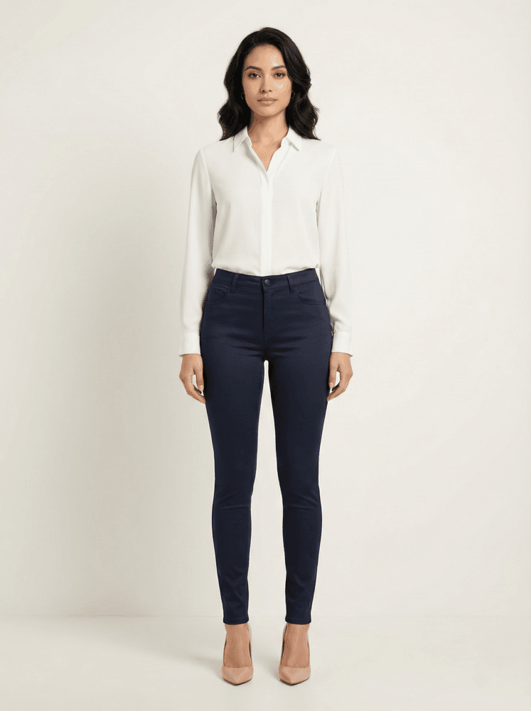 Elegante marineblaue Damenhose Frau trägt elegante marineblaue Damenhose